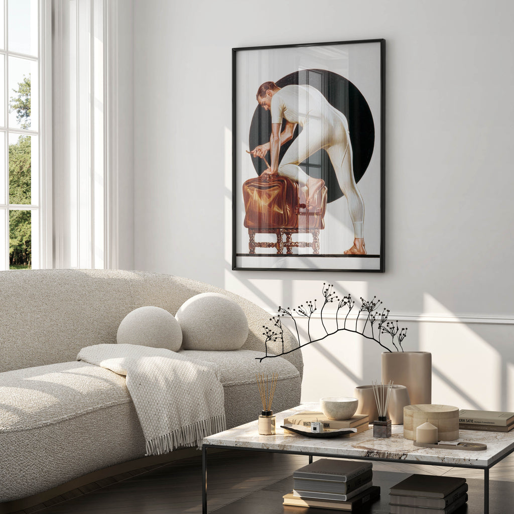 Vintage American illustration art print by JC Leyendecker showing a barefoot man in a cream ribbed union suit packing a leather suitcase on a ornate wooden stool