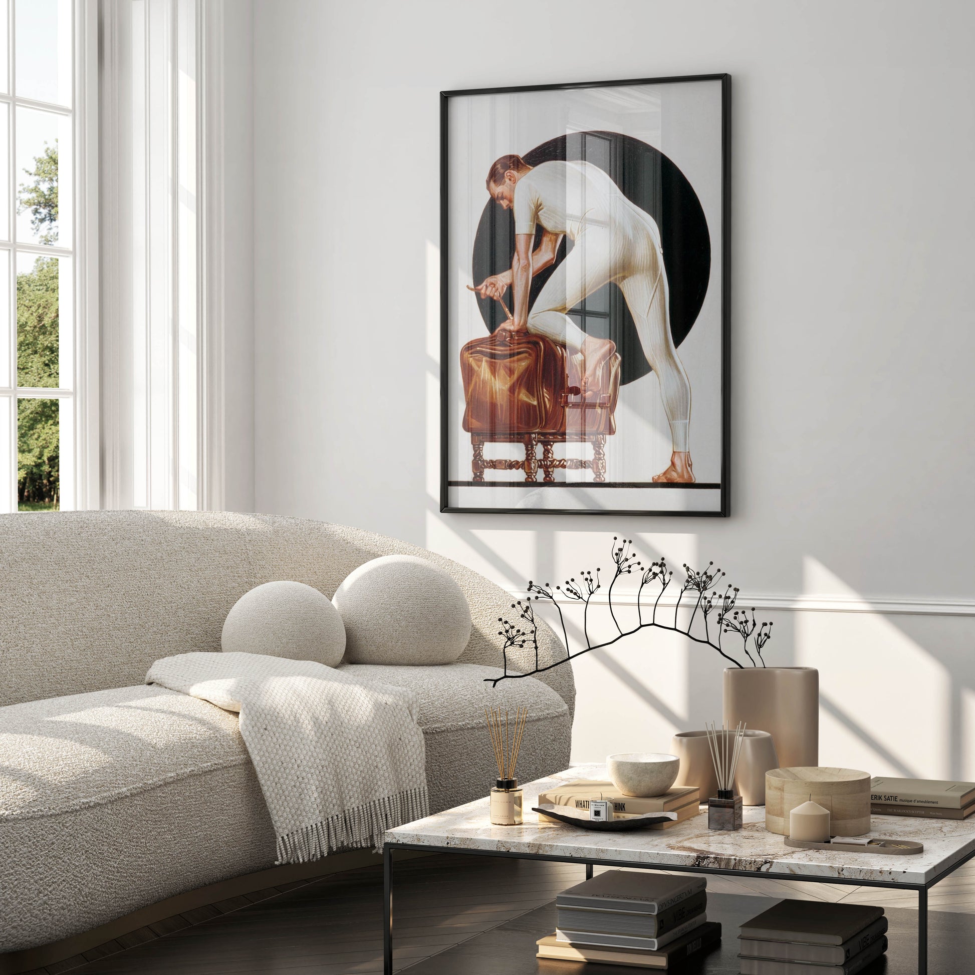 Vintage American illustration art print by JC Leyendecker showing a barefoot man in a cream ribbed union suit packing a leather suitcase on a ornate wooden stool
