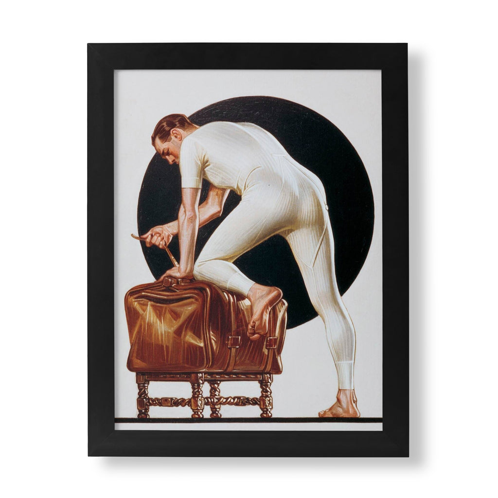 JC Leyendecker Man on a Suitcase fine art print, giclée reproduction of a man in a cream union suit tightening a leather suitcase strap, ART SNOB