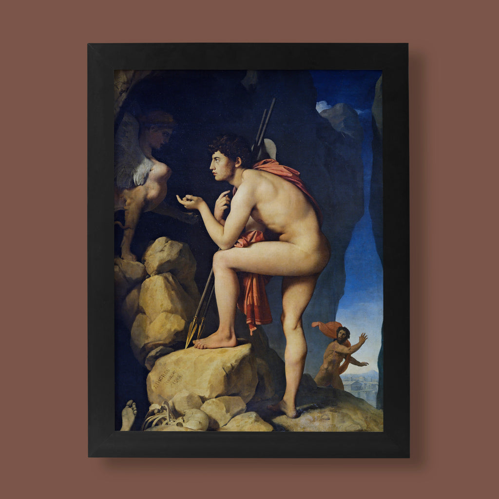 Jean-Auguste-Dominique Ingres Oedipus and the Sphinx fine art print showing heroic male nude confronting mythological creature, premium wall art reproduction