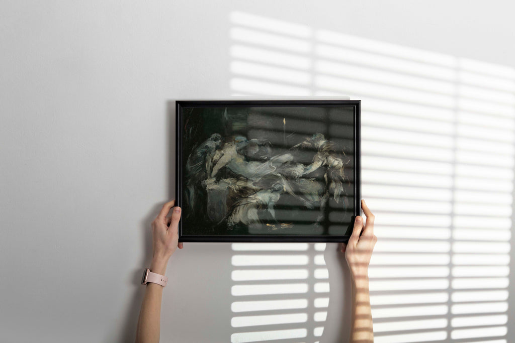 Framed fine art print of Carpeaux's intimate childbirth scene mounted as luxury wall decor, showcasing French Baroque masterpiece in modern gallery-style frame perfect for upscale home design and art collection display
