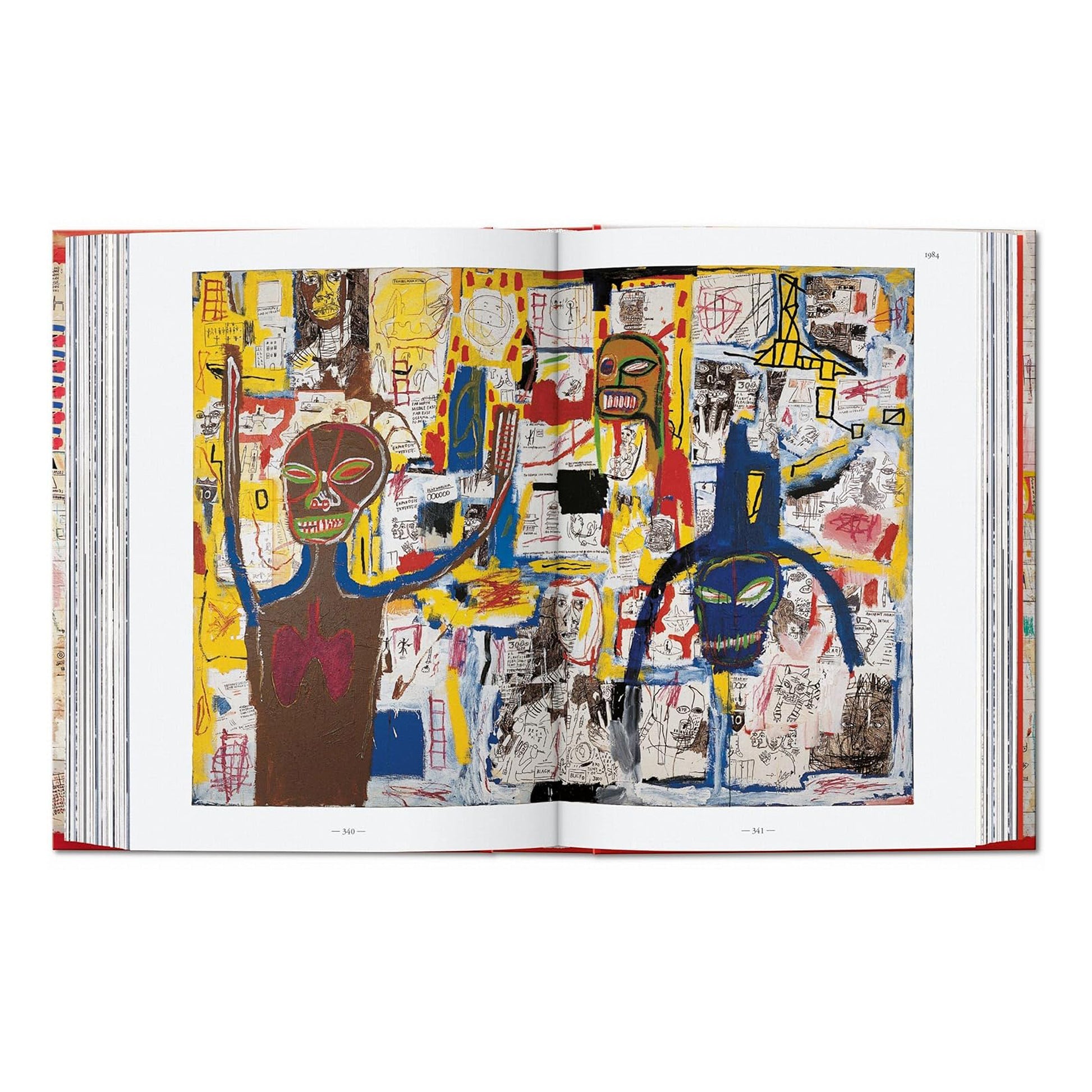 Open book displaying a colourful artwork by Jean Michel Basquiat with abstract figures on a white background