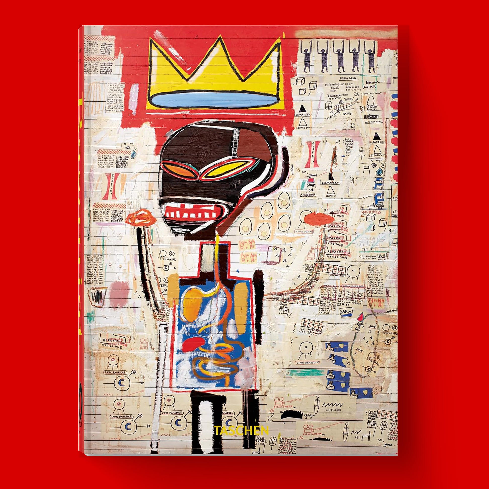 The striking front cover of the definitive Jean-Michel Basquiat hardcover art book from Taschen, featuring the artist's iconic crown motif and expressive, Neo-Expressionist artwork. A must-have for fine art collectors.