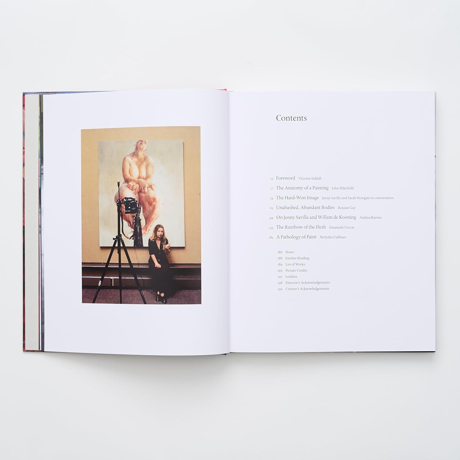 The contents page of the Jenny Saville art book. On the left, a photograph of the artist Jenny Saville stands in front of a large-scale figurative painting in a gallery space. The contents list includes essays on her painting process.