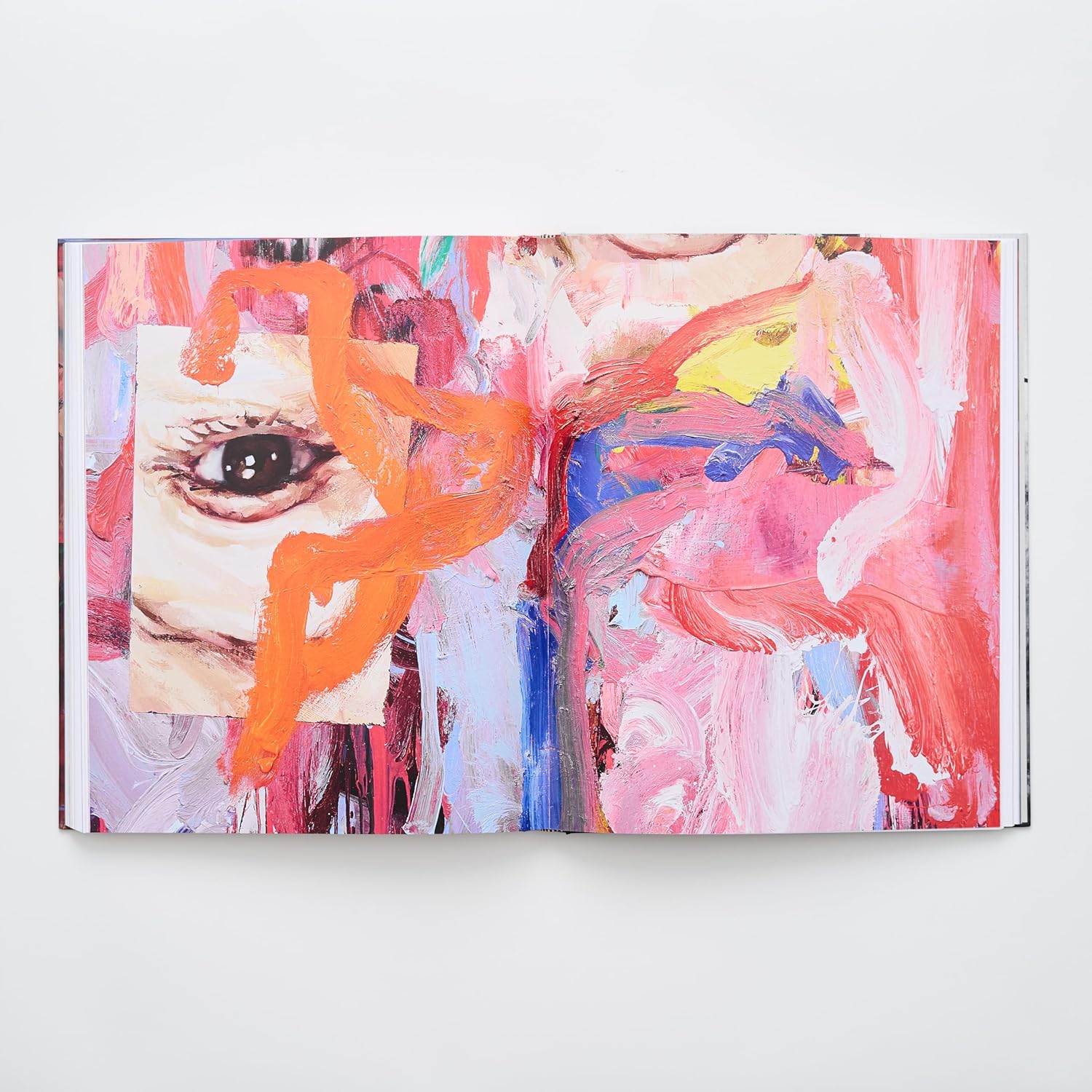 A double-page spread from the Jenny Saville art book, showing a large-scale abstract oil painting with a cutout of a human eye layered on top. This piece exemplifies her fusion of figurative and abstract contemporary art.