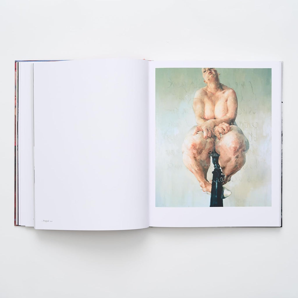 A page from the art book showing a detail of the painting 'Rapture' by Jenny Saville. On the left, there is a body of text discussing the painting's themes, while the right side displays the vibrant, expressive oil painting of a female face.