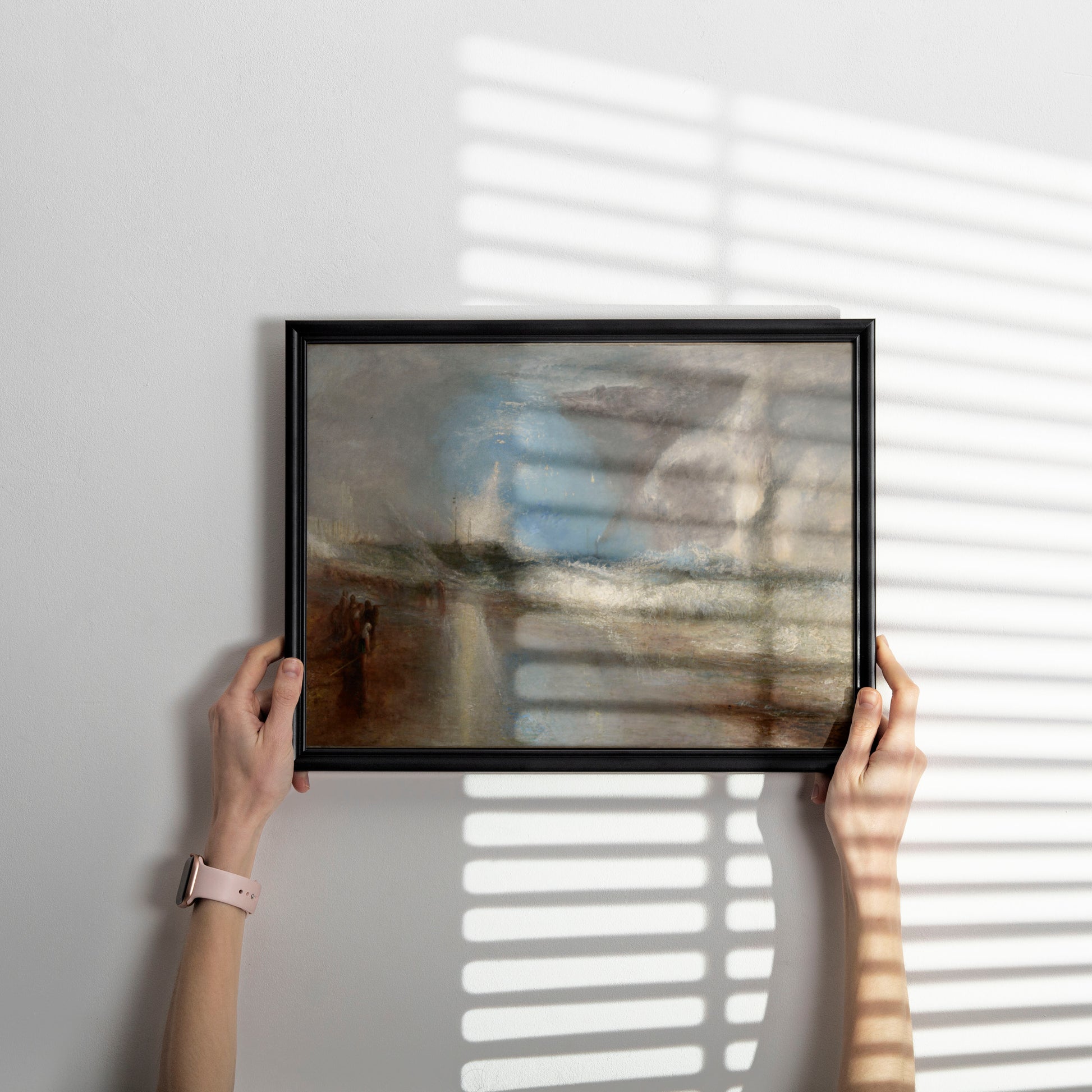 A premium art poster of J. M. W. Turner’s seascape painting, Rockets and Blue Lights, featuring a vortex of light and water in the classic Romantic style.