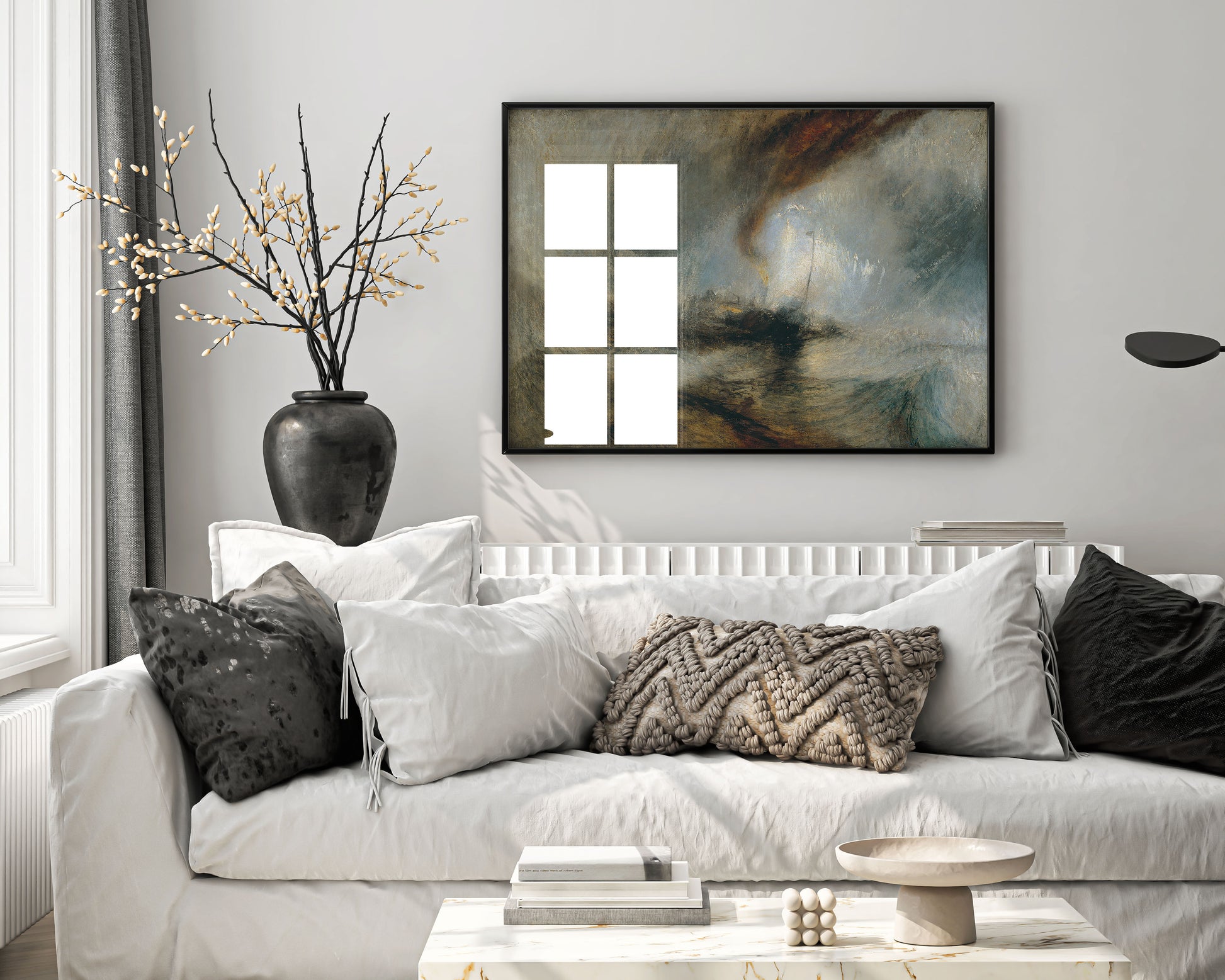 J.M.W. Turner Snow Storm Steam-Boat framed art print displayed as elegant wall art in modern interior, museum-quality giclée reproduction