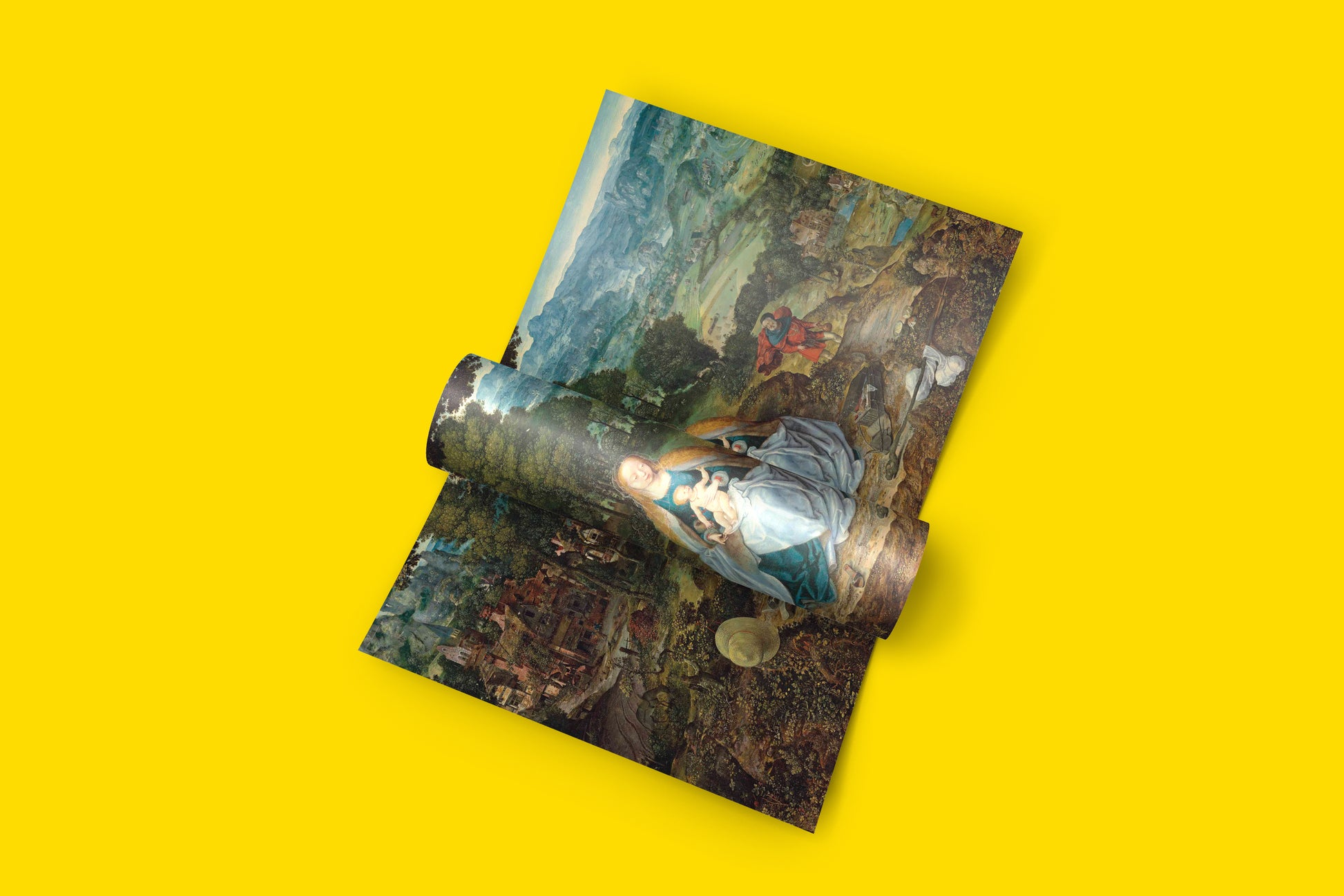 Joachim Patinir style religious art print depicting Mary and Jesus resting during Flight to Egypt with atmospheric perspective and Gothic architecture in background