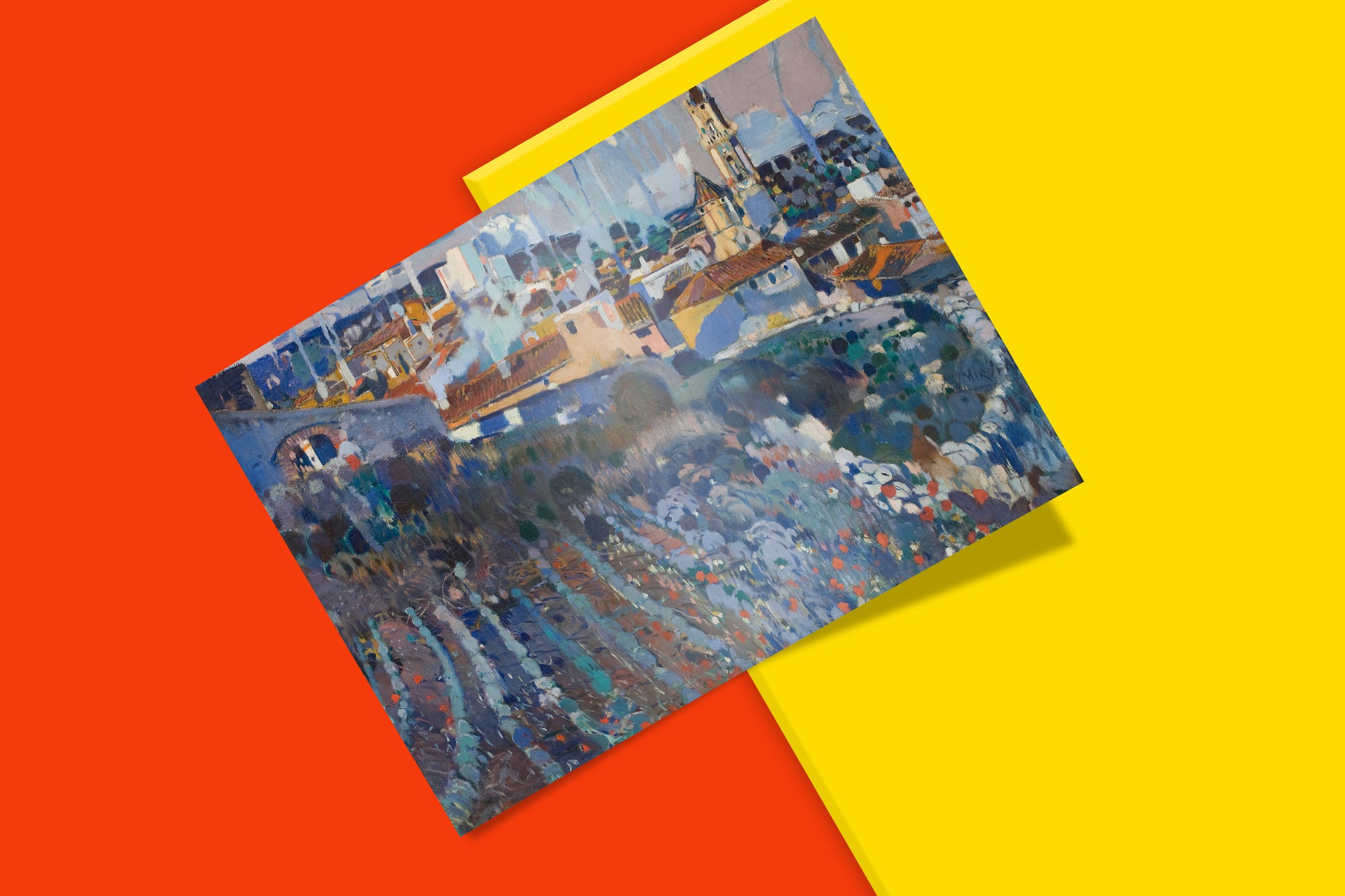 Catalan modernist art print reproduction of Joaquim Mir's Terraced Village masterpiece from MNAC collection, showcasing revolutionary pure colour landscape painting technique