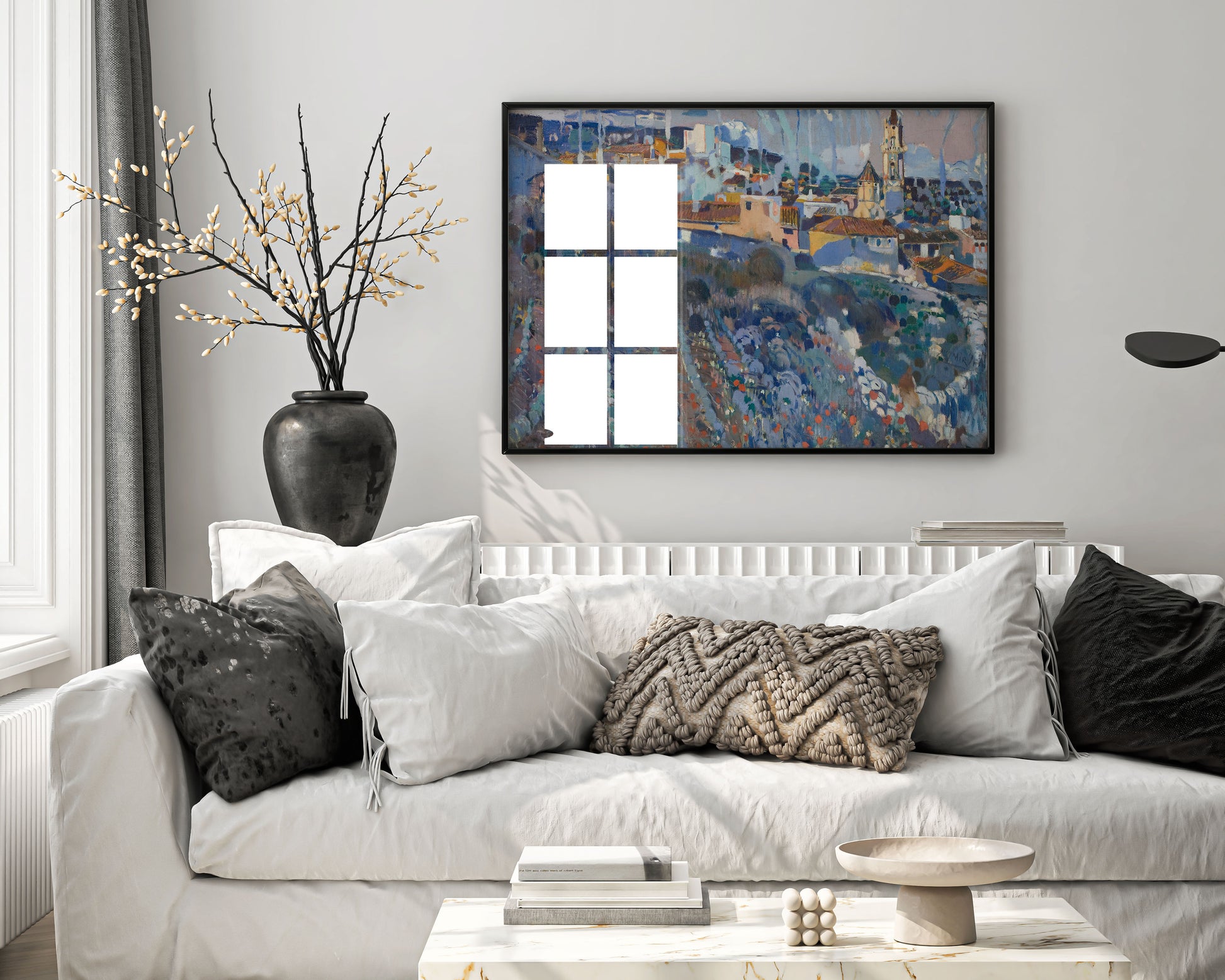 Joaquim Mir Terraced Village framed wall art displayed in modern interior setting, showing Mediterranean landscape fine art print with black frame enhancing vibrant Catalan colours