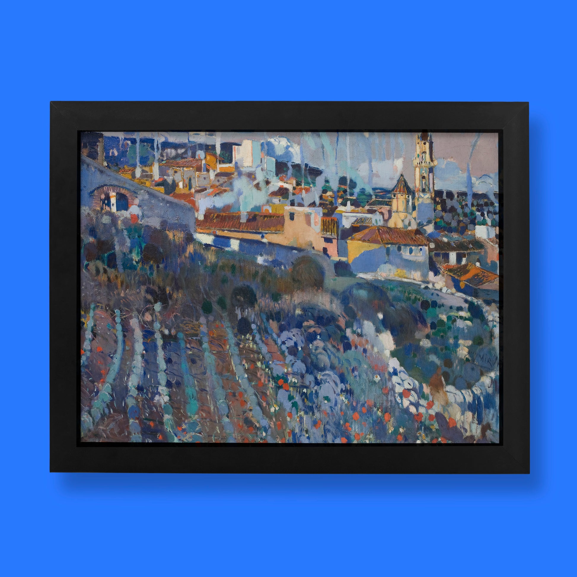 Joaquim Mir Trinxet Terraced Village fine art print showing vibrant Catalan modernist landscape with terraced vineyards and ochre village buildings in luminous Mediterranean colours