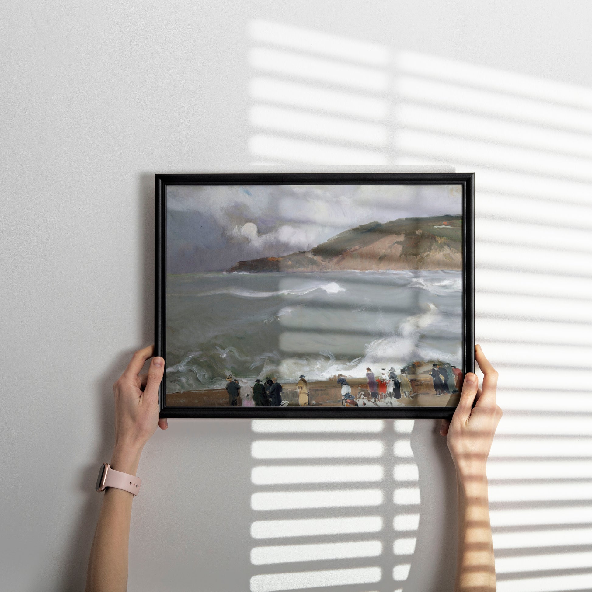 San Sebastián beach scene art print size comparison guide, available framed and unframed Spanish coastal wall art by Joaquín Sorolla