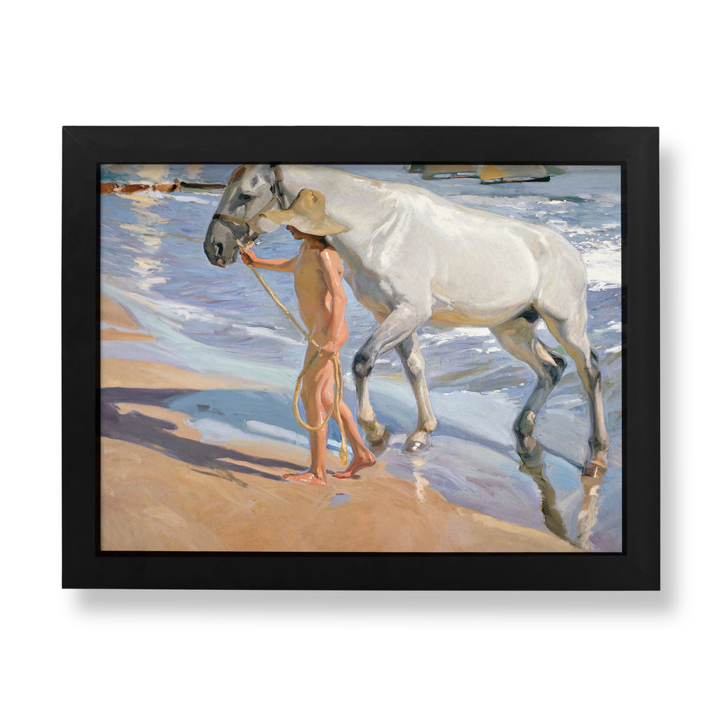 Joaquín Sorolla fine art print of The Horse's Bath, Spanish Impressionist painting of a boy leading a white horse