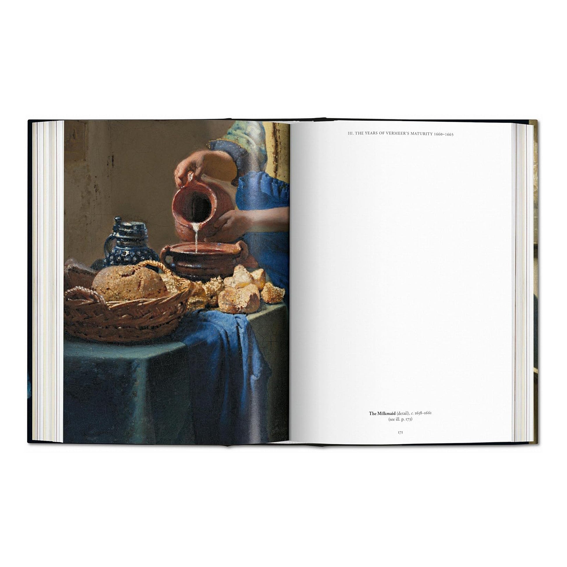 A full-page photo from the Vermeer coffee table book showing a close-up detail of the Dutch Golden Age painting 'The Milkmaid.'
