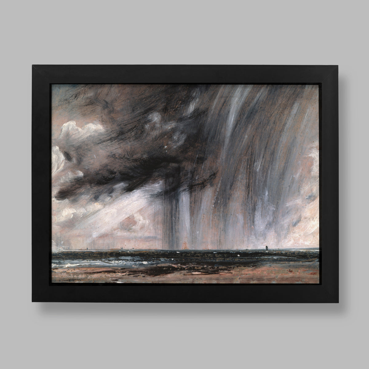 John Constable Rainstorm over the Sea art print, a dramatic oil sketch of a dark storm cloud and falling rain above the sea
