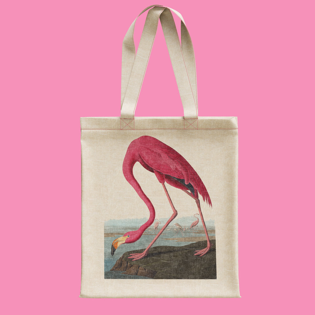 John James Audubon American Flamingo art tote bag, 100% cotton reusable shopping bag with vintage bird illustration from Birds of America