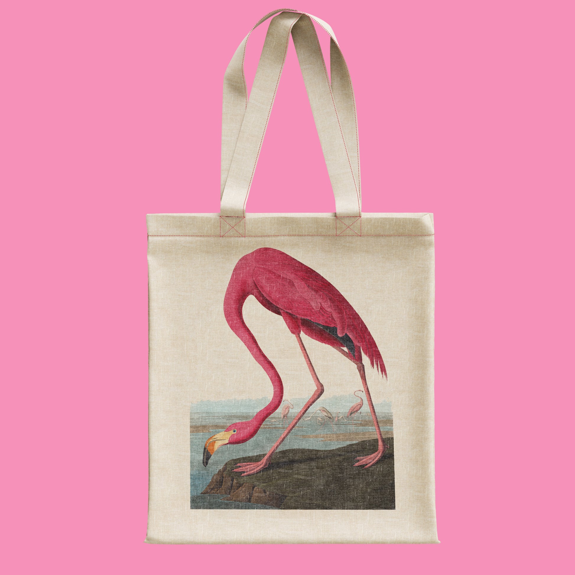 John James Audubon American Flamingo art tote bag, 100% cotton reusable shopping bag with vintage bird illustration from Birds of America