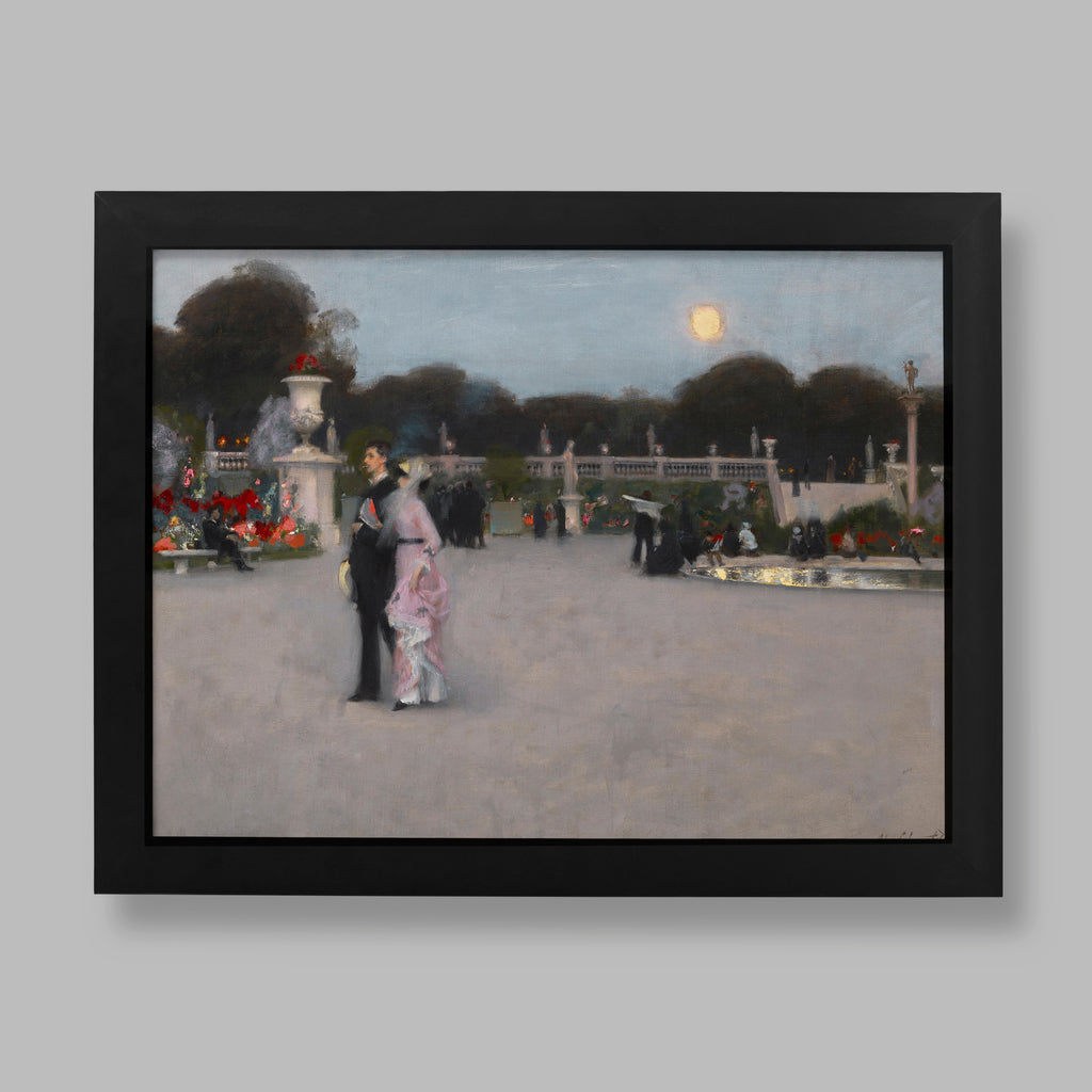 John Singer Sargent Luxembourg Gardens fine art print showing couple at twilight in Paris, museum quality wall art reproduction