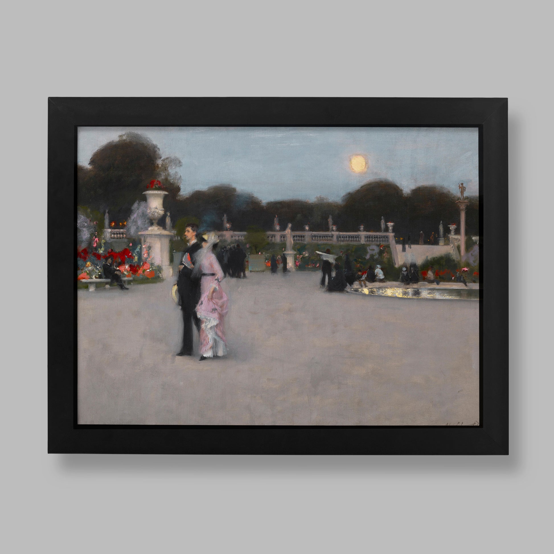 John Singer Sargent Luxembourg Gardens fine art print showing couple at twilight in Paris, museum quality wall art reproduction