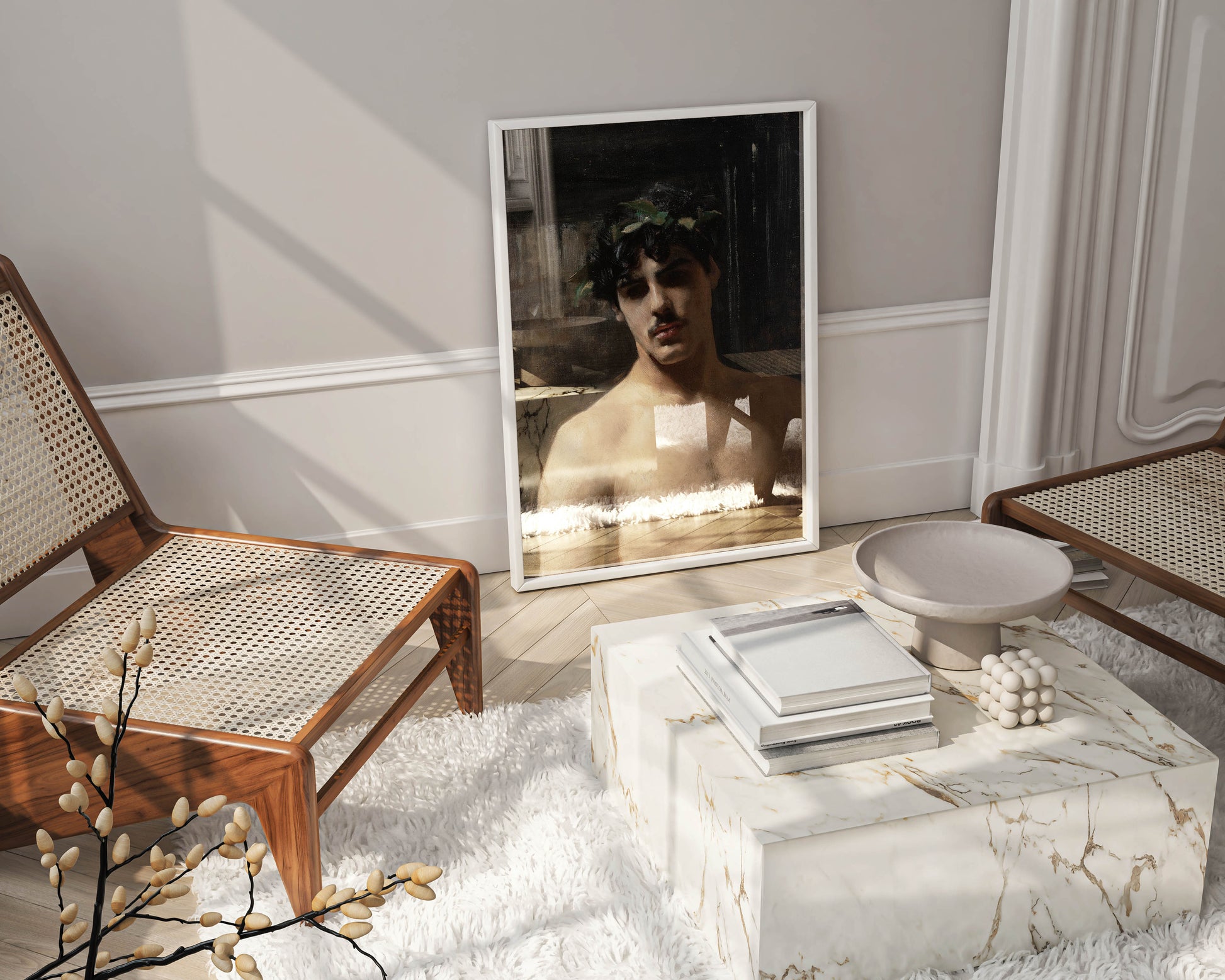Close-up shot of a stylishly framed 'Man Wearing Laurels' art print, adding a touch of classical elegance and sophistication to luxury home decor.