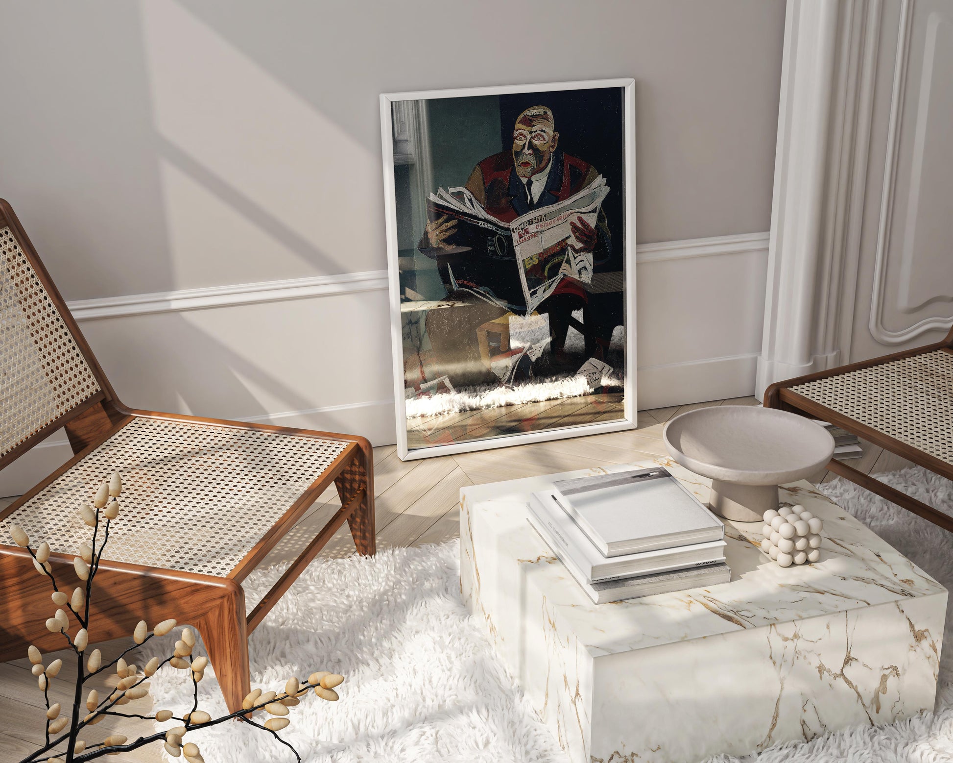 Josef Scharl The Newspaper Reader framed art print displayed as elegant wall art - German Expressionist painting reproduction in modern home interior design
