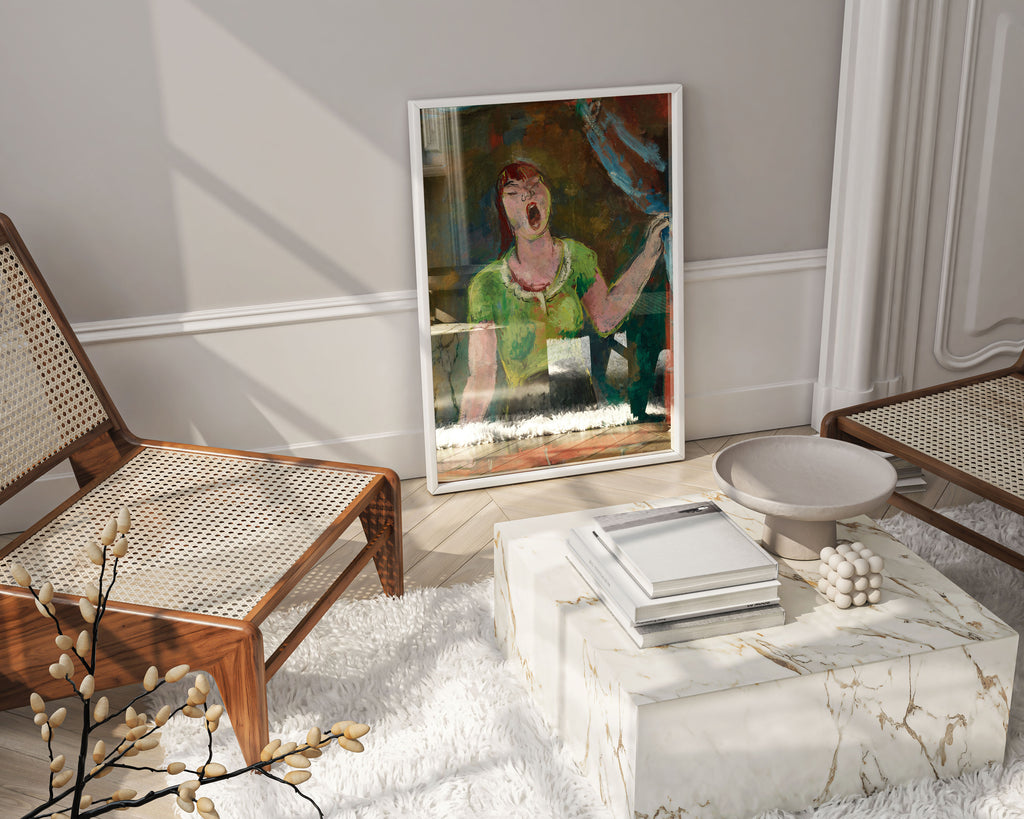 Framed wall art featuring Kutter's Yawning Woman expressionist painting - premium giclee print in stylish frame creating sophisticated focal point for modern interior spaces and art collections