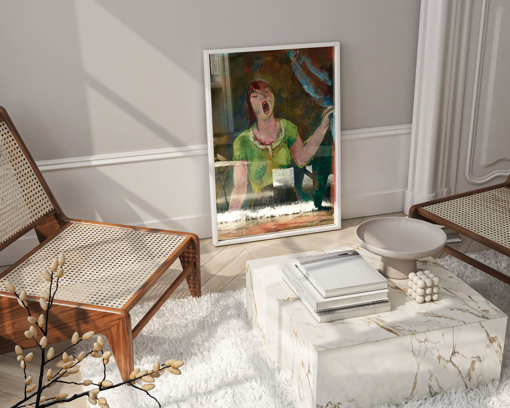 Framed wall art featuring Kutter's Yawning Woman expressionist painting - premium giclee print in stylish frame creating sophisticated focal point for modern interior spaces and art collections
