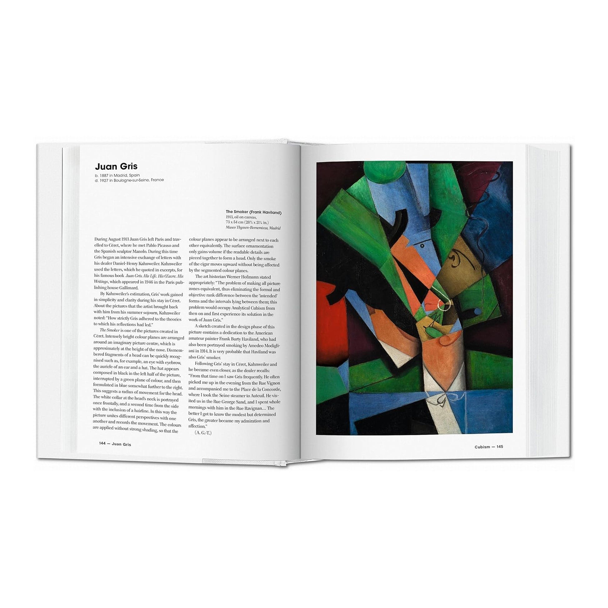 A page from the art history book showing a Juan Gris Cubist painting, "The Smoker," an example of fine art.