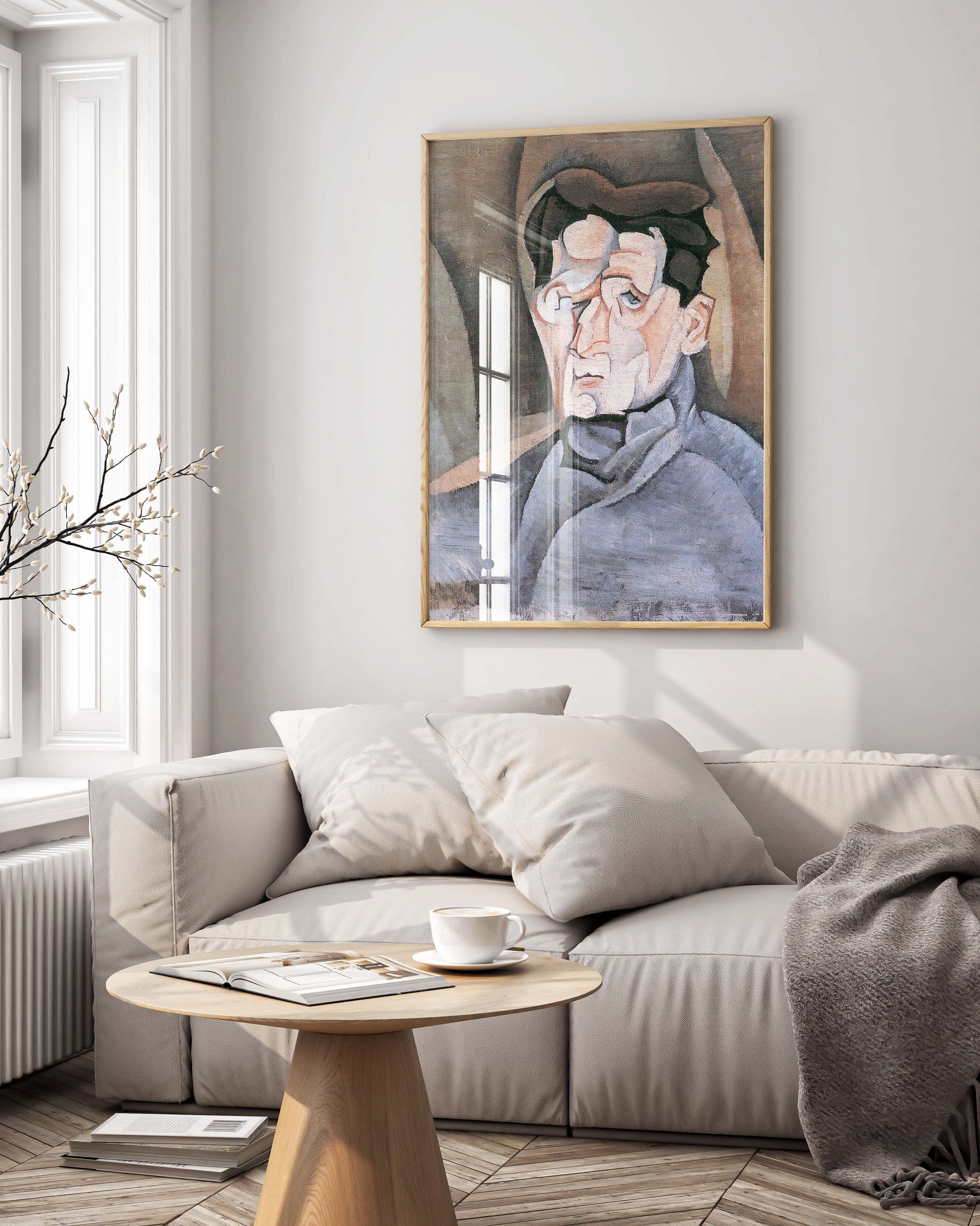 Juan Gris Portrait of Maurice Raynal framed art print hanging on modern wall - Premium Cubist wall art perfect for contemporary home decor and interior design
