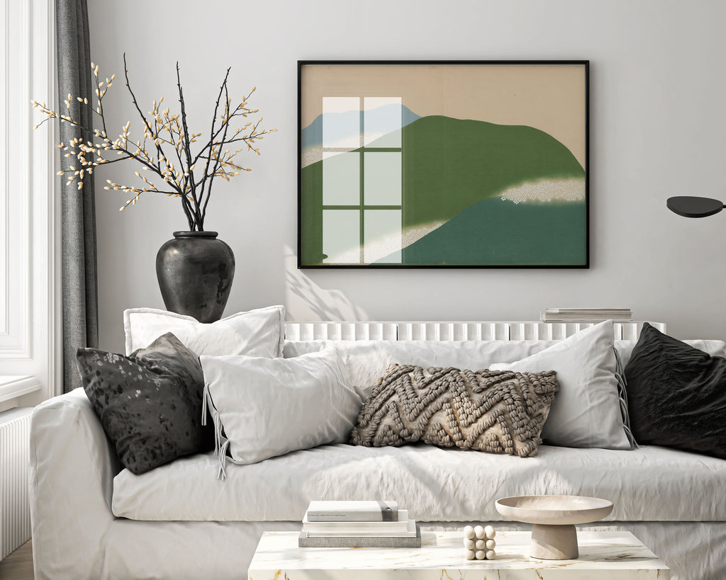 Kamisaka Sekka Yoshino framed Japanese art print displayed as living room wall decor, museum quality giclée fine art in wooden frame with mountain landscape design