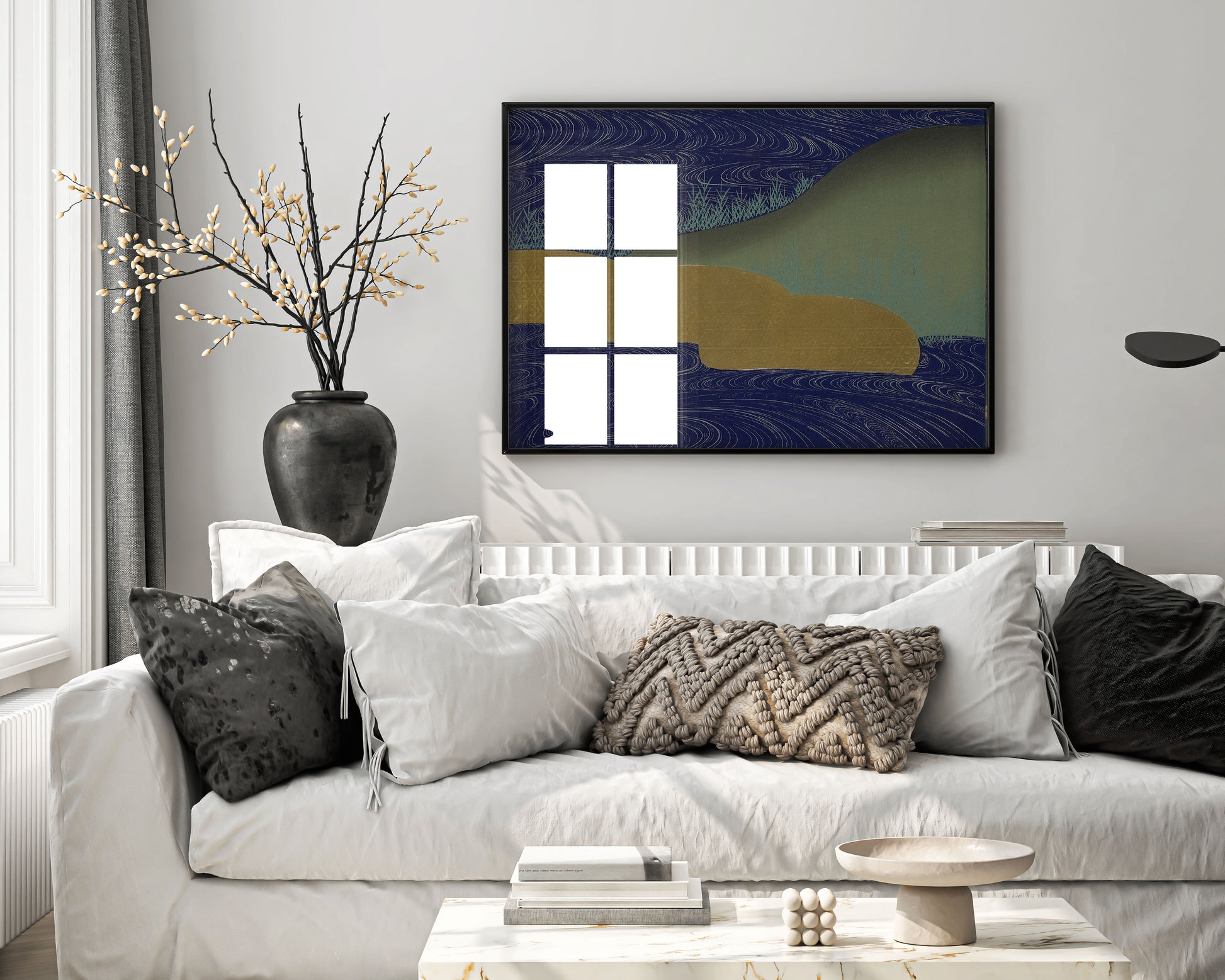 Kamisaka Sekka A Thousand Grasses framed wall art print hanging above sofa in modern living room, Japanese landscape art in wooden frame for home interior decor