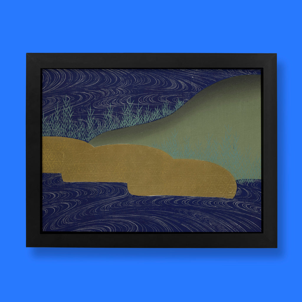 Kamisaka Sekka A Thousand Grasses Chigusa Japanese art print featuring abstract landscape with navy blue waves, gold forms and sage green hills, fine art wall print