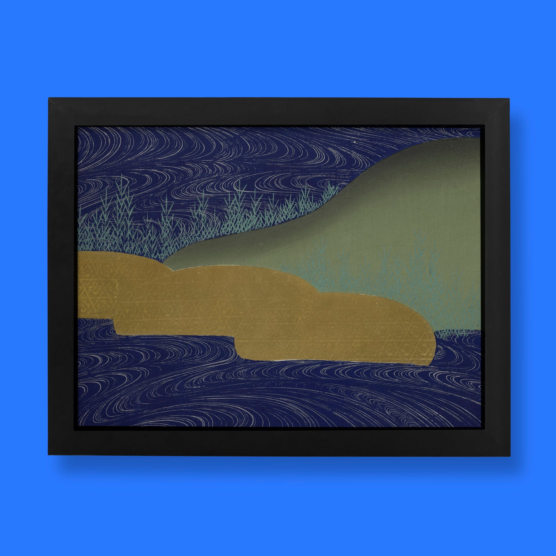 Kamisaka Sekka A Thousand Grasses Chigusa Japanese art print featuring abstract landscape with navy blue waves, gold forms and sage green hills, fine art wall print