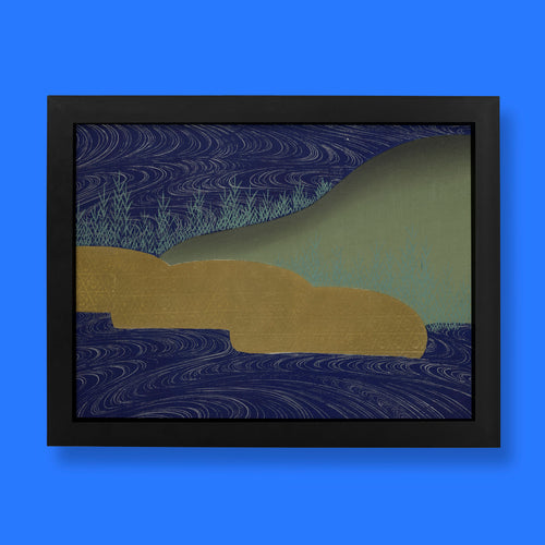 Kamisaka Sekka A Thousand Grasses Chigusa Japanese art print featuring abstract landscape with navy blue waves, gold forms and sage green hills, fine art wall print