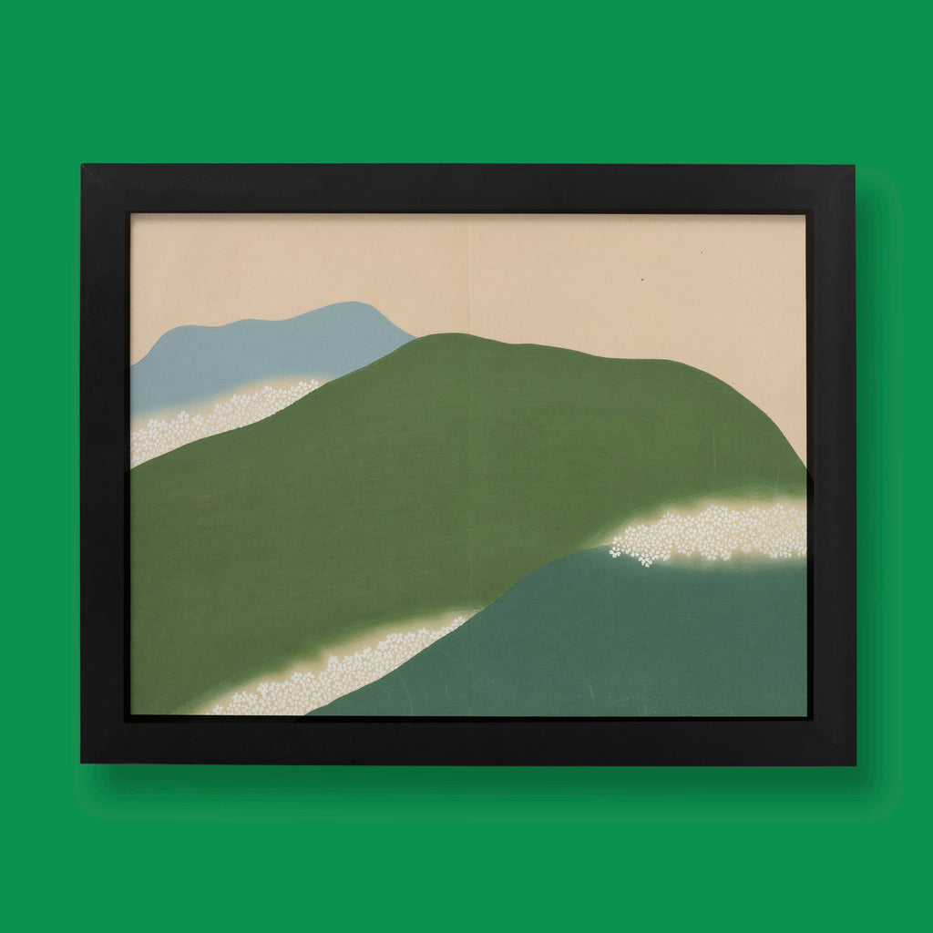 Kamisaka Sekka Yoshino mountain landscape Japanese art print featuring layered green and blue hills with white cherry blossoms, traditional Rinpa school wall art