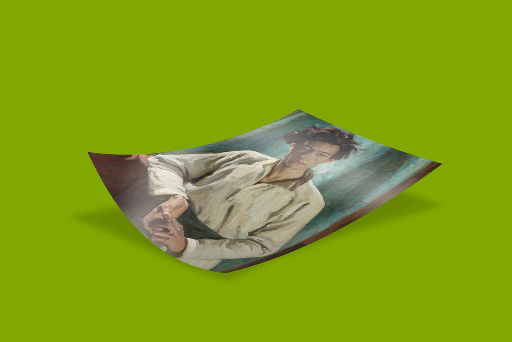 Arthur Kampf Portrait of a Young Man fine art print displayed framed on green wall, demonstrating gallery-quality presentation of German academic realism artwork as premium wall décor for contemporary interior design