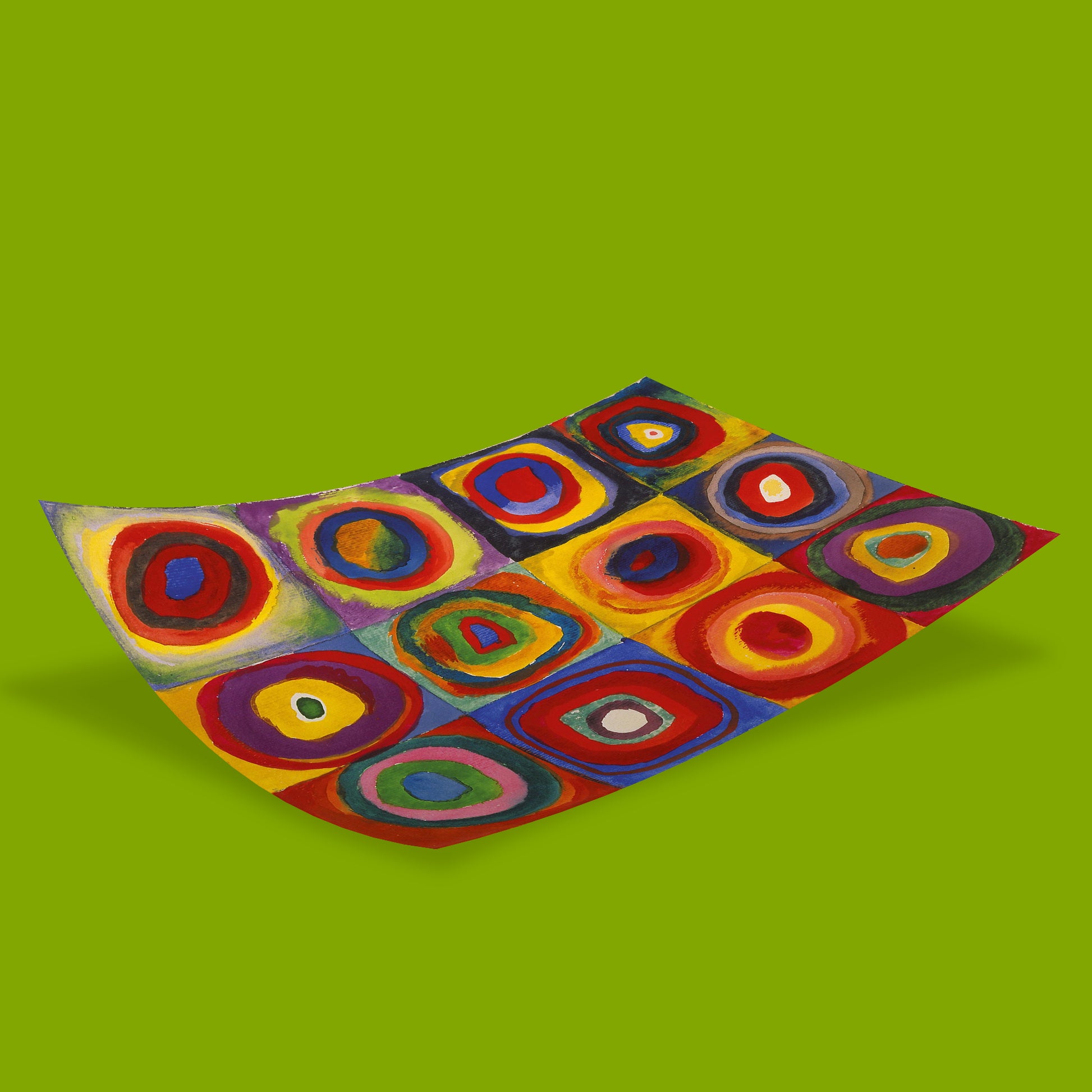 A colourful abstract art print or canvas featuring a grid of concentric circular and oval patterns in red, yellow, blue, purple, green, and orange, shown floating on a solid lime green background.