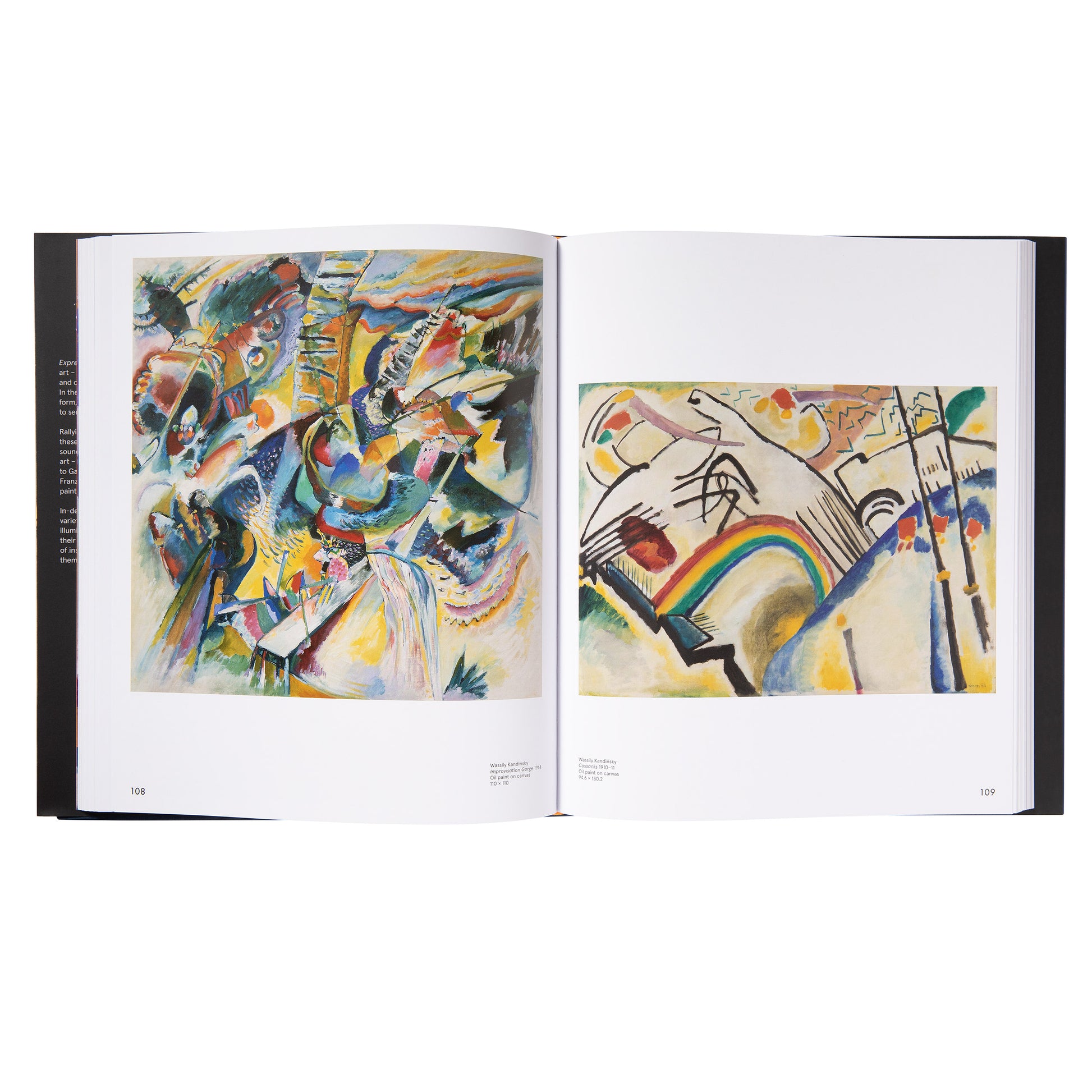 A full-page spread from the Expressionist art book, displaying a detailed, vibrant abstract painting by Wassily Kandinsky on the left and another abstract work on the right, showcasing the artists' innovative use of colour.