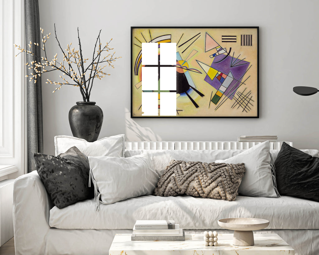 Framed Kandinsky Black and Violet art print displayed as elegant wall art in modern living room - premium giclée Bauhaus masterpiece with professional black frame and white matting