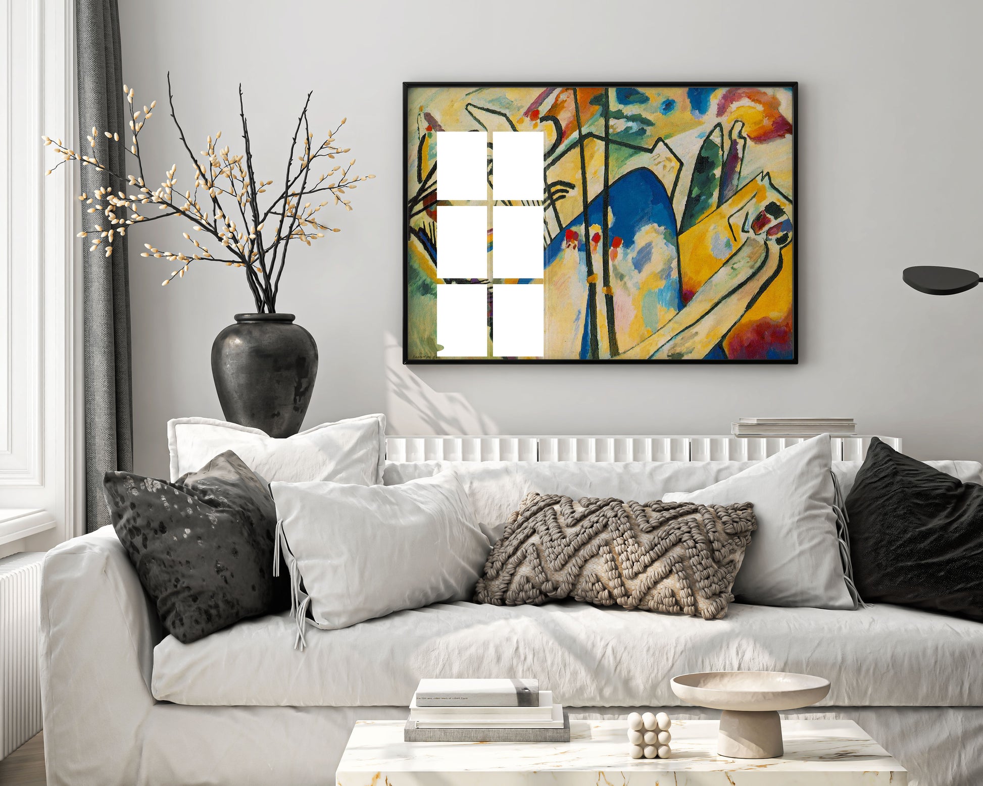 Framed Kandinsky Composition IV art print displayed as elegant wall art in modern living room - premium giclée abstract painting with professional black frame and white matting