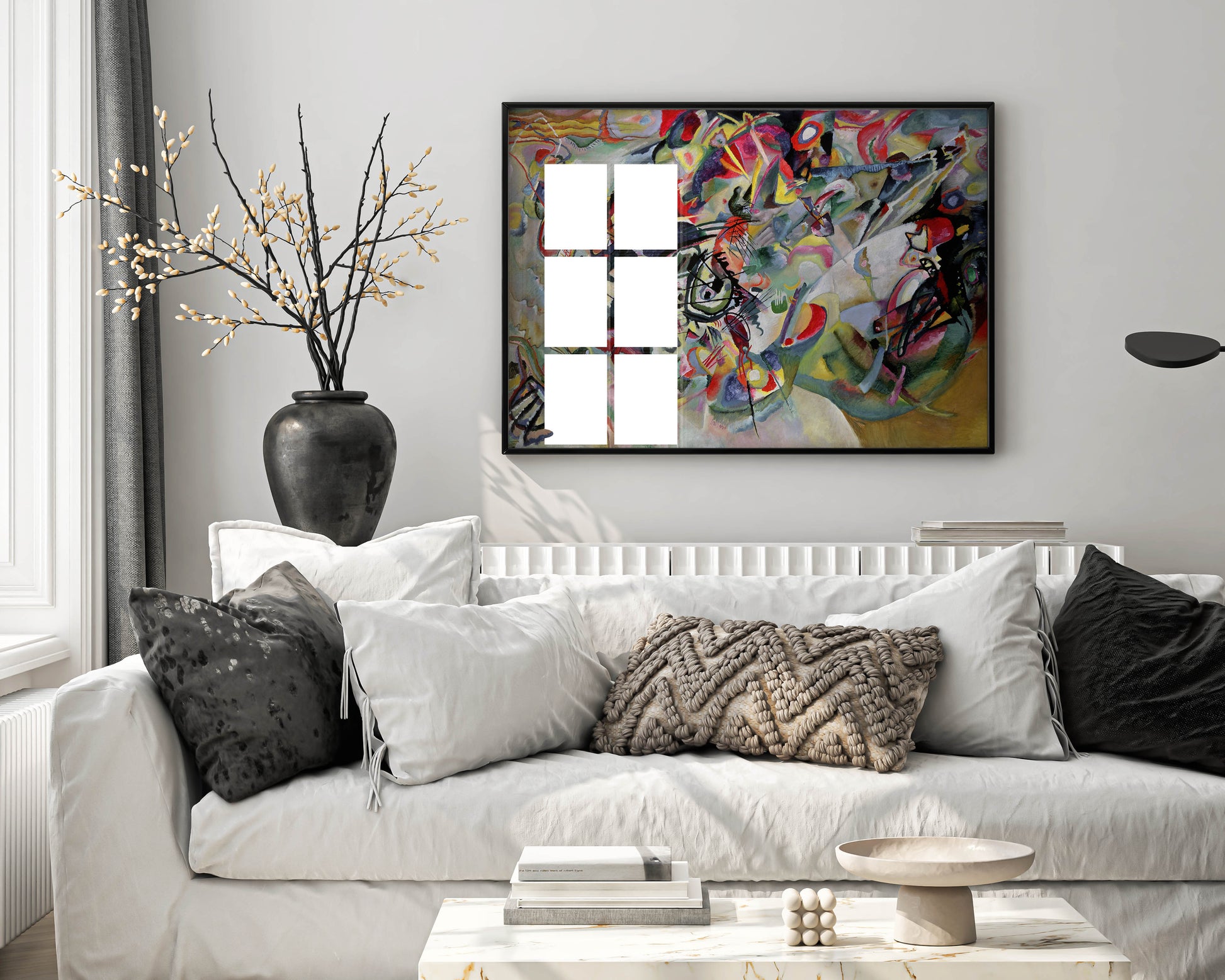 Framed Kandinsky Composition VII art print displayed as elegant wall art in modern living room - premium giclée reproduction with professional matting and frame