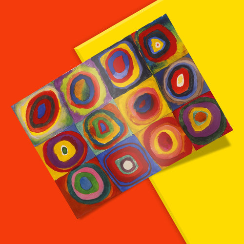 A square abstract painting with a grid of colorful concentric oval and square motifs in red, yellow, blue, purple, green, and pink, placed diagonally over a bright yellow background with a red-orange corner visible.