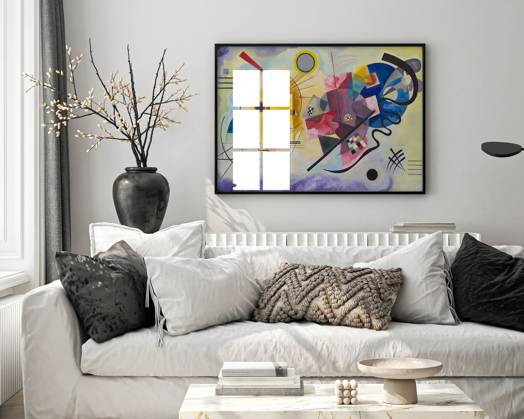 Framed Kandinsky Yellow-Red-Blue art print displayed as elegant wall art in modern living room - premium giclée Bauhaus masterpiece with professional black frame and white matting