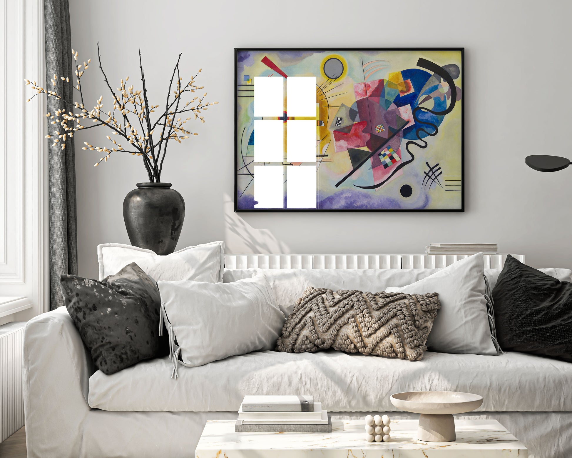 Framed Kandinsky Yellow-Red-Blue art print displayed as elegant wall art in modern living room - premium giclée Bauhaus masterpiece with professional black frame and white matting