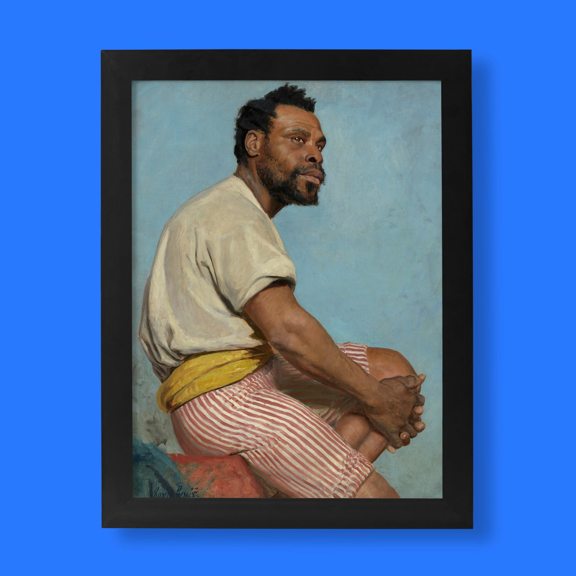 A close-up portrait painting by Karin Bergöö Larsson of a black man named Pierre Louis Alexandre. He is wearing a white shirt and red and white striped trousers, with a yellow sash around his waist. He is seated and looking to the side with a contemplative expression.