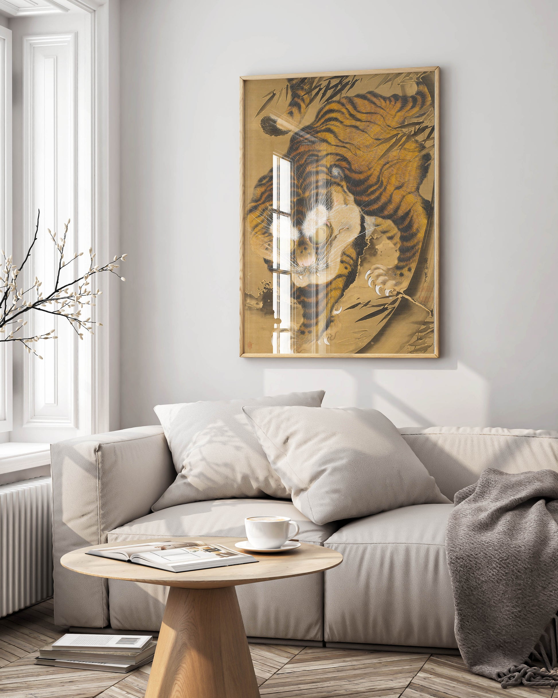 Katayama Yōkoku tiger emerging from bamboo framed wall art print displayed in modern living room - premium Japanese art reproduction in elegant frame, perfect statement piece for sophisticated home décor