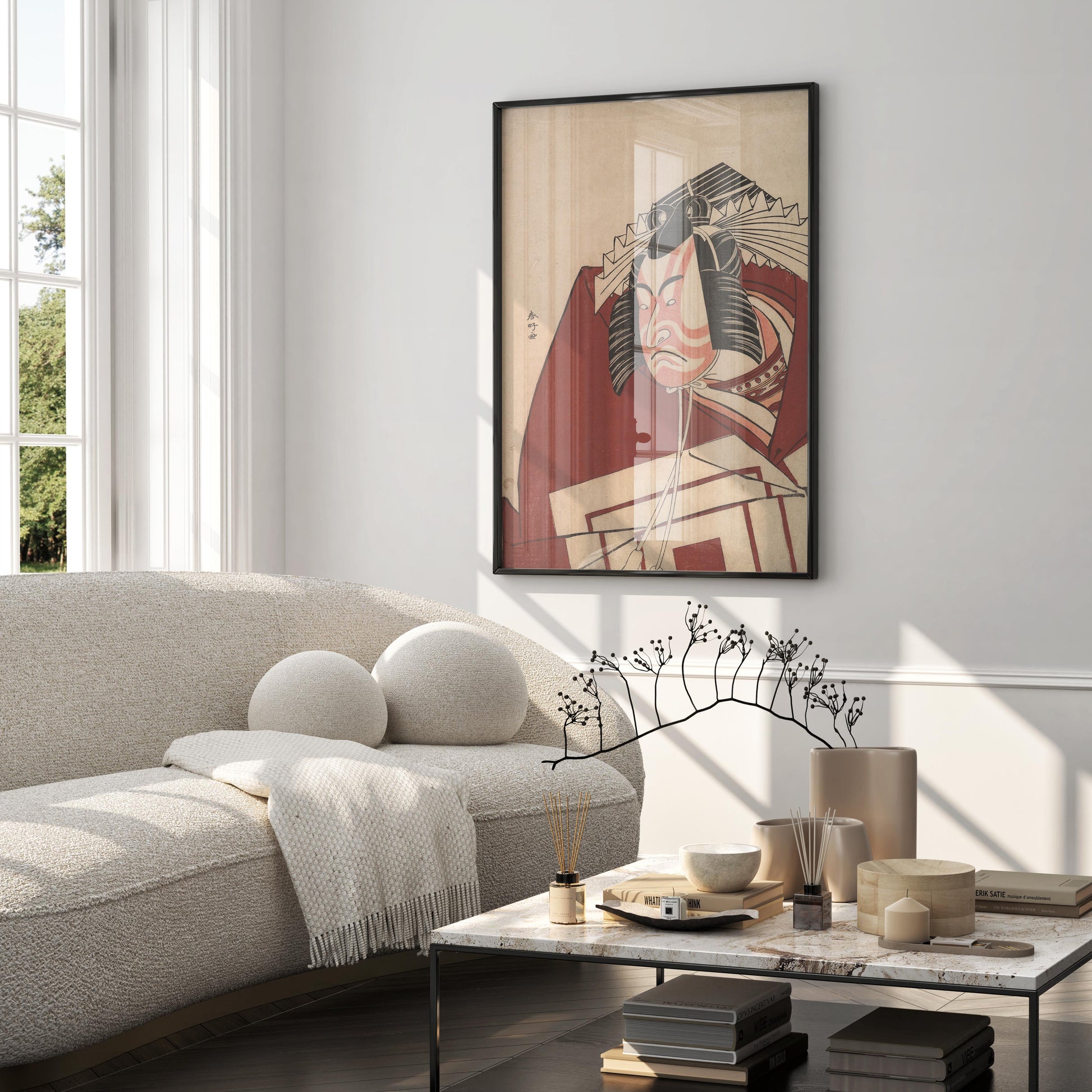 Framed wall art featuring a vintage Japanese woodblock print, showcasing the Ichikawa Monnosuke II performance, perfectly complementing the sophisticated interior design of a high-end living space.