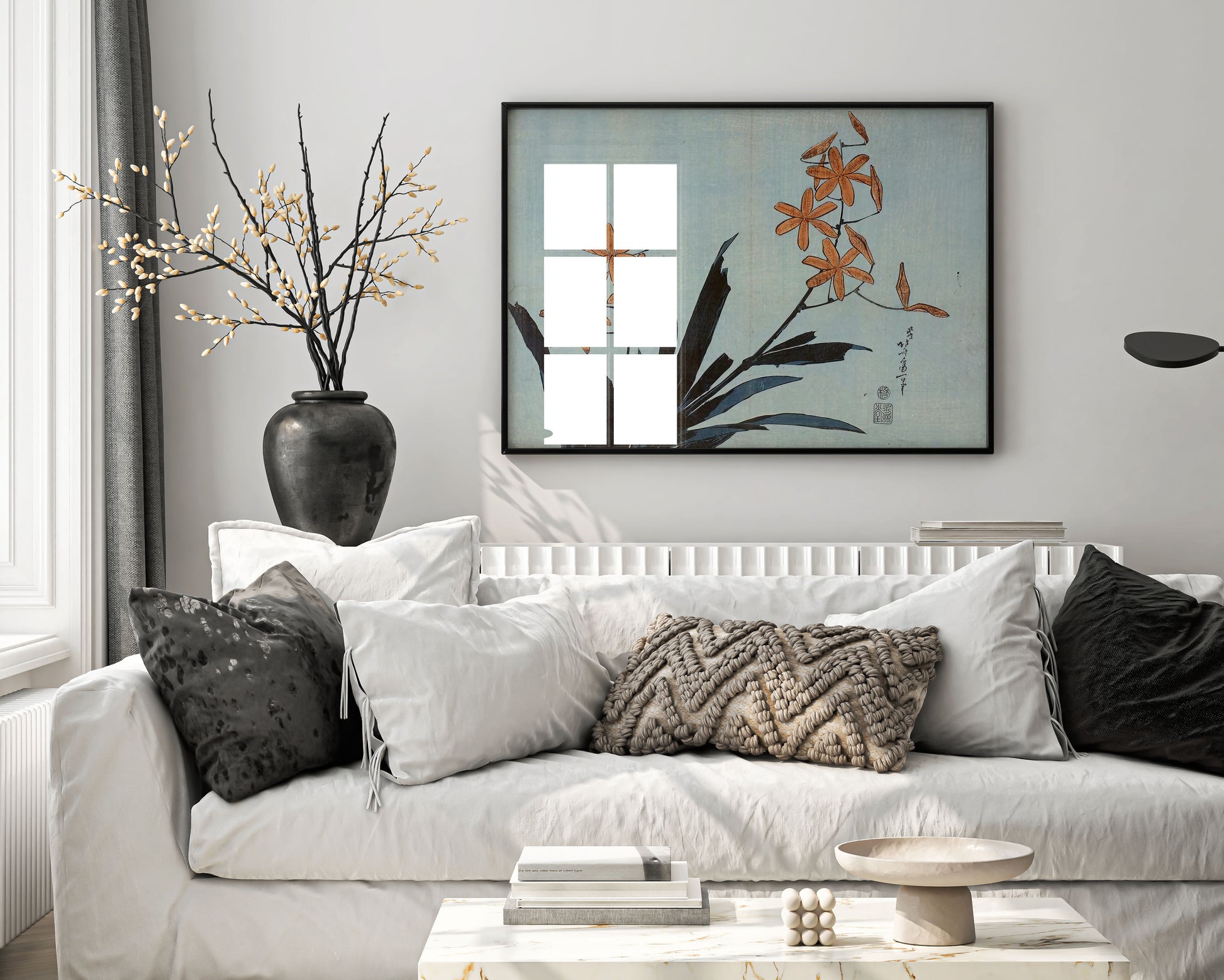 Framed Hokusai Orange Orchids print hanging in living room, Japanese woodblock art in frame, museum quality wall art for contemporary home interior design