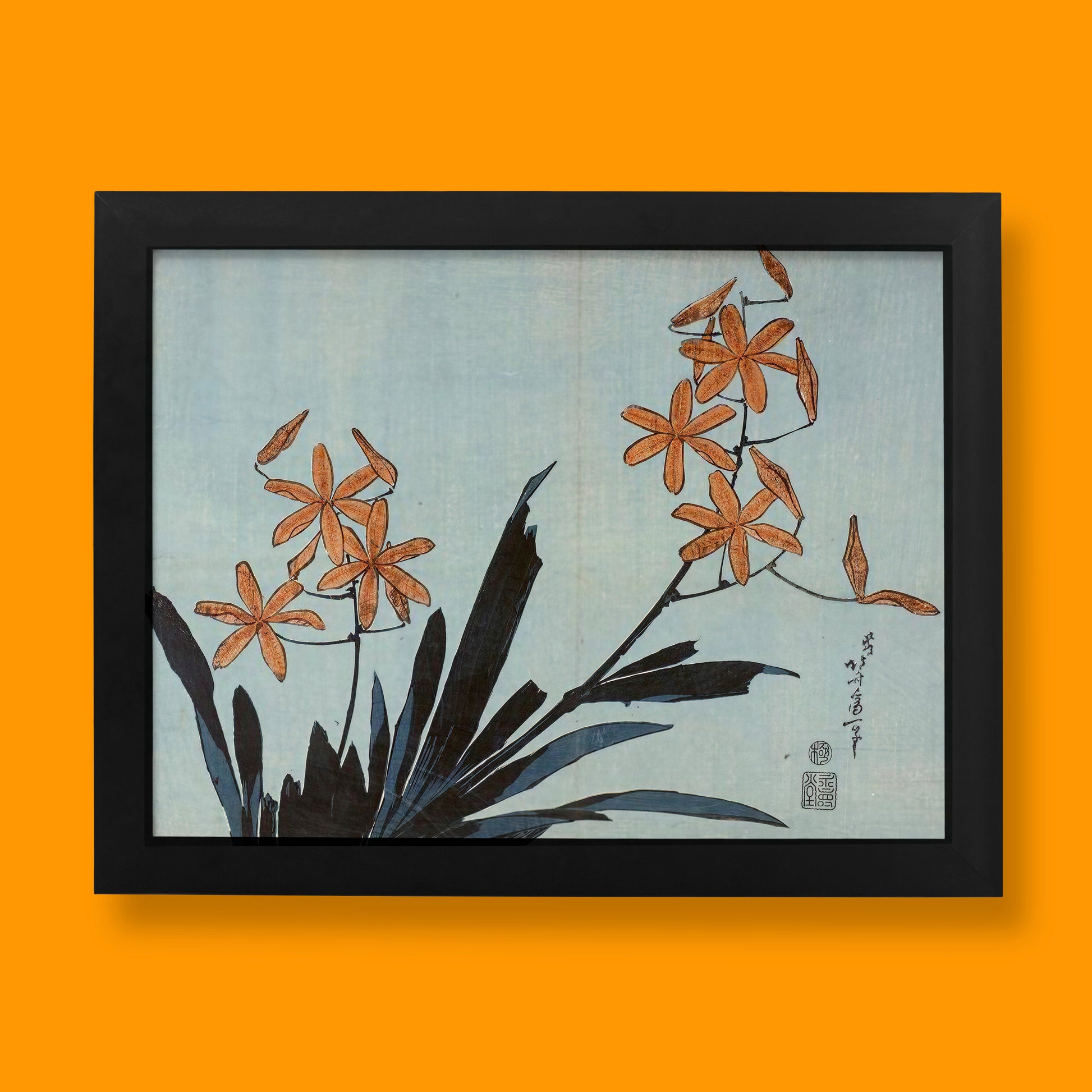 Katsushika Hokusai Orange Orchids Japanese woodblock print featuring orange blossoms and dark green leaves on pale blue background, fine art print available as wall art